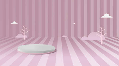 3d white and pink podium display with Colorful halftone gradients background. Flat geometric shape christmas tree landscape concept decoration. Vector Illustrationのイラスト素材