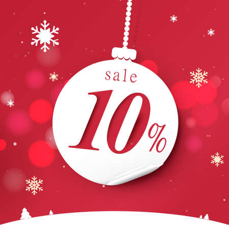 Banner for Christmas sale. White christmas balls hanging on red bokeh background. Vector illustrationのイラスト素材