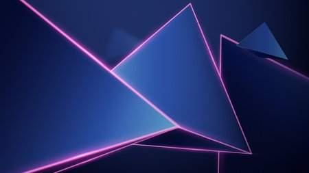 Abstract geometric low polygon background. 3D triangles and pink trim laser light. Vector...