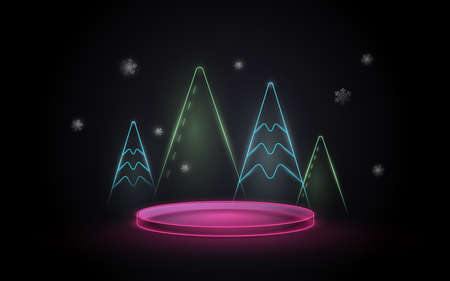 3D neon light podium display with Christmas tree element. Vector Illustrationのイラスト素材