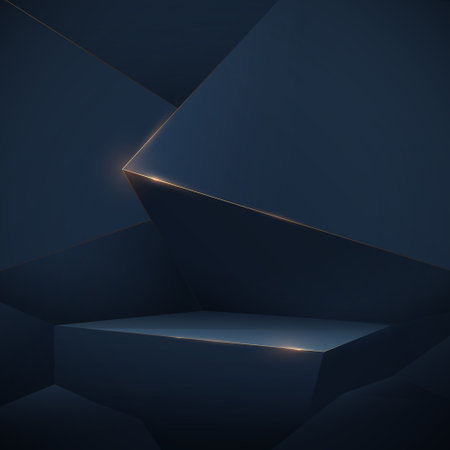 Abstract 3D dark blue low poly podium display and Luxury gold lines sparkle. Vector Illustrationのイラスト素材