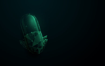 Natural medicine and capsule pills. Low poly model design with technology Hi-tech futuristic digital concept. Vector illustrationのイラスト素材