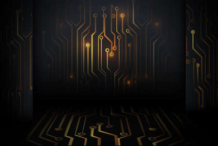 Abstract gold Circuit board technology digital hi tech on black wall background. 3d vector illustrationのイラスト素材