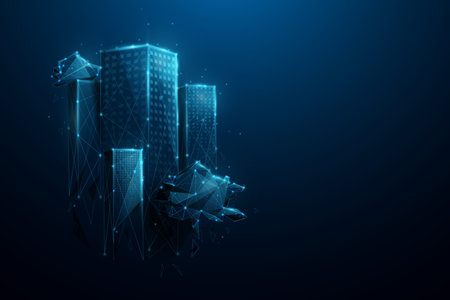 Futuristic city. Smart city. Environment and Ecology concept. Low poly, geometric, wire, Particles, lines, and triangles outline. Vector illustrationのイラスト素材