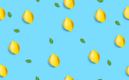 The yellow lemon seamless pattern on bright blue background. Minimal trendy summer concept. Vector illustrationのイラスト素材