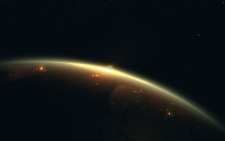 Planet earth in space with glitter light gold world map. Futuristic digital hi tech technology...