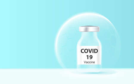 Covid-19 coronavirus vaccine. Vaccine bottle to protect from COVID-19 coronavirus. Bubble shield virus. Vector illustrationのイラスト素材