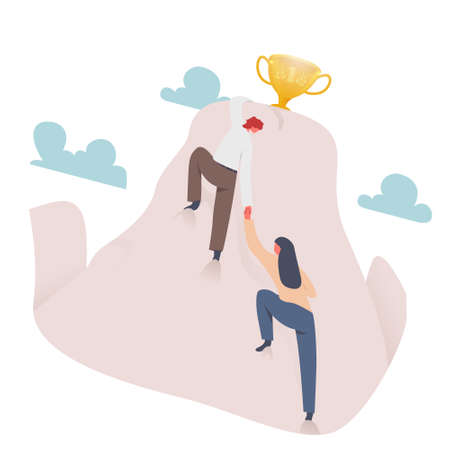 Businessmen together climb to the top of the mountain with a trophy. Success, Leadership, Teamwork concept. Flat design style. Vector illustrationのイラスト素材