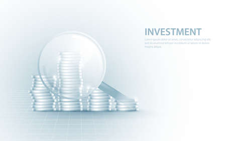 Magnifying glass zoom focus on coins stack growing. Business growth investment and financial concept. Vector illustrationのイラスト素材