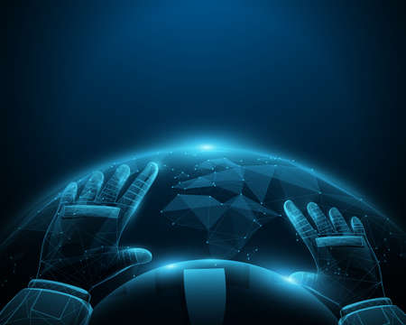 The first-person view of astronauts in space, looking down on Earth. Low poly, lines, triangles, and particle style design. Vector illustrationのイラスト素材