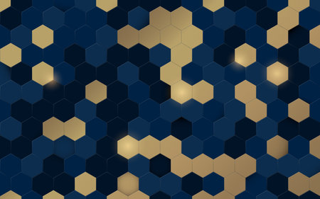 Abstract blue and gold hexagon 3d texture background with technology and luxury concept. Vector...