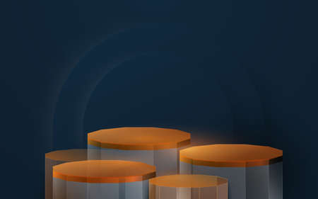 Orange glass product hexagon display mockup. 3d podium on blue background. Vector illustrationのイラスト素材