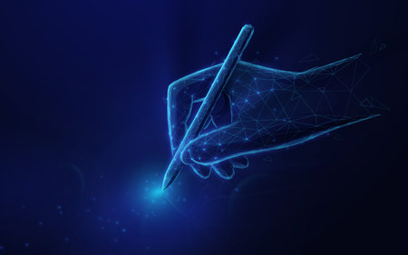 Hand holding a pen. Low polygon line, triangles, and particle style design. Abstract geometric...