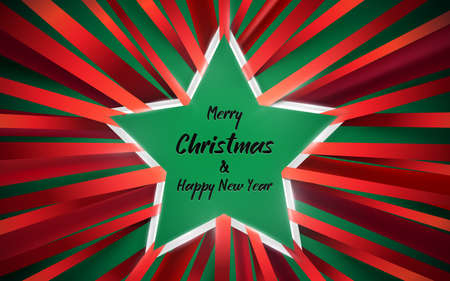 Christmas Background. White star frame with red ribbon on a green background. Vector illustrationのイラスト素材