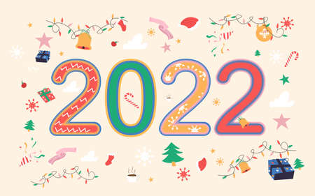 2022 happy new year with cute Christmas elements. Vector illustrationのイラスト素材