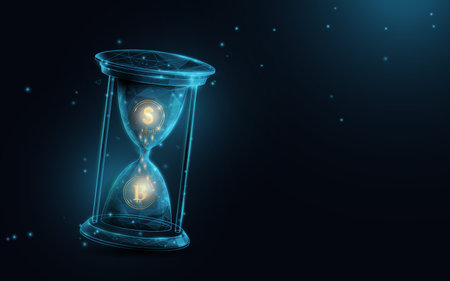 Dollar and cryptocurrency exchange. Hourglass. Low polygon line, triangles, and particle style...