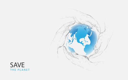 Hands holding a blue globe. Low polygon line, triangles, and particle style design. Abstract geometric wireframe light connection structure. Vector illustrationのイラスト素材