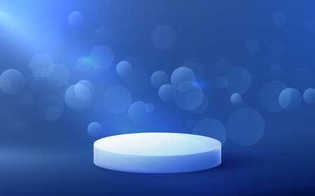 White product cylinder display mockup with bokeh light on blue background. Vector illustrationのイラスト素材