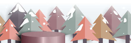 White product cylinder display mockup with Christmas trees background. Vector illustrationのイラスト素材