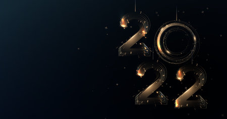 Happy New Year 2022. Abstract golden 2022 hanging on dark background. Luxury backgroundのイラスト素材