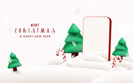 Christmas background. Winter landscape and snowflakes, Christmas tree with mockup smartphone. Xmas background. Banner, posters, cards, headers, websiteのイラスト素材