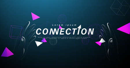 Wireframe hand in 3D virtual reality technology. Visualization and simulation, 3D, AR, and VRのイラスト素材