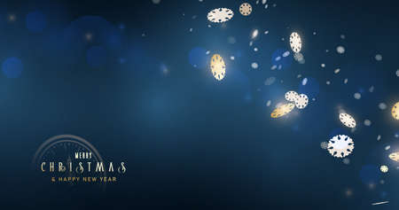 Happy New Year 2022. Golden snowflakes fall with bokeh light on dark blue background. Vector illustrationのイラスト素材