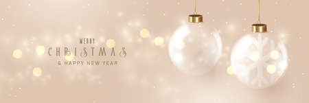 3d Transparent Christmas balls ornaments hanging with Bokeh light background. Xmas background. Banner, posters, cards, headers, websiteのイラスト素材