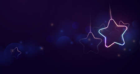 Merry Christmas and Happy New Year. Stars ornaments hanging with the light on dark blue background. Banner, posters, cards, headers, websiteのイラスト素材