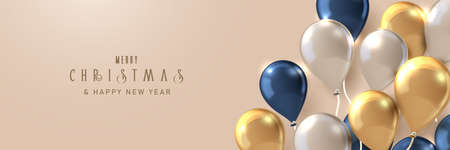 Celebration banner. White, gold, and blue flying balloons Celebration background. Birthday, party, Banner, posters, cards, headers, websiteのイラスト素材