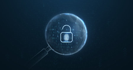 A magnifying glass with opened padlock icon is made from lines, triangles, low polygons, and particle style. Vector illustrationのイラスト素材