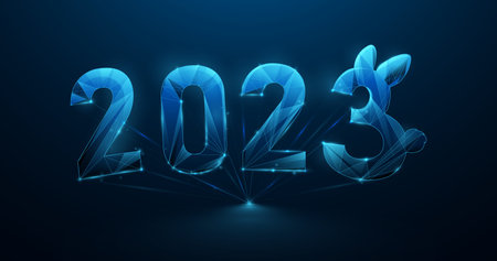 Blue 2023 numbers with a rabbit on dark blue background. 3d Wireframe and low polygon design. Vector...