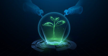 Green, Biology, science, and technology. Sprout and robot arms form lines and triangles, point connecting networks on blue background. Illustration vectorのイラスト素材