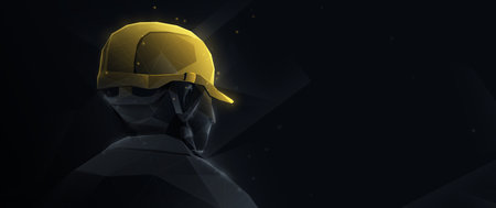 Low poly wireframe Portrait of an Industry Engineer Worker and Hard Hat. Vector illustration
