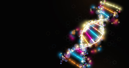 Wireframe DNA molecules structure mesh from a colorful starry on dark background. Science and Technology conceptのイラスト素材