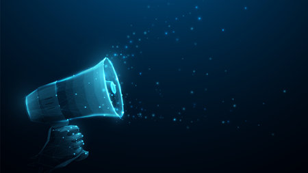 Hand hold megaphone. Marketing, Social media, Advertising, and promotion. Low polygons, triangles, wireframe, and particle style. Vector illustrationのイラスト素材