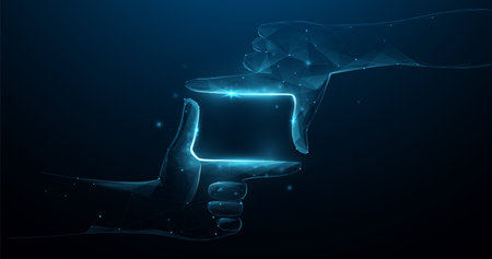 Hands framing composition. Low polygons, triangles, wireframe, and particle style. Vector illustrationのイラスト素材