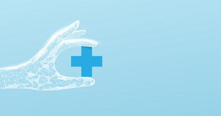 Wireframe hand holding Medical cross sign. Science and health care concept. Low polygons, triangles, wireframe, and particle style. Vector illustrationのイラスト素材