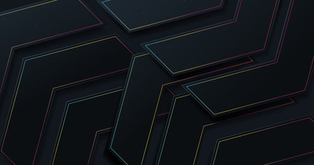 Abstract dark arrows sign with colorful led lights on dark background. Futuristic, technology...