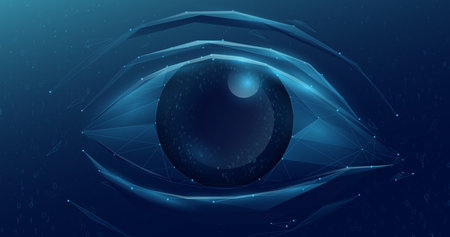 Human eye. Eye security technology with binary code. Eye safety scanner. Low polygons, triangles, wireframes, and particle style. Vector illustrationのイラスト素材