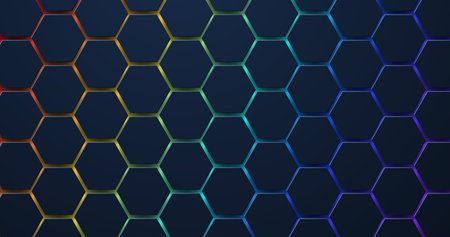 Abstract dark hexagon with colorful led lights background. Futuristic, technology concept background. Vector illustrationのイラスト素材
