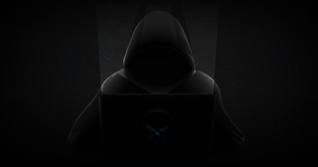 Hacker behind a laptop monitor in shadow. Cybercrime. Vector illustrationのイラスト素材