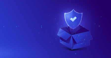 Delivery package with a shield. Transportation, Safety cargo. Safe, Protection delivery. Vector illustrationのイラスト素材