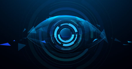Abstract digital human eye. Cyber security technology. Low polygons, triangles, wireframes, and particle styleのイラスト素材