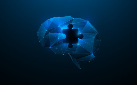 The human brain with a jigsaw puzzle hole. Creative, Artificial intelligence, AI. Low polygonal and wireframe from dots and lines. Vector illustrationのイラスト素材