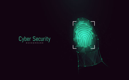 Fingerprint scan. Security access technology. Password. Biometric identity. Low polygonal and wireframe from dots and lines. Vector illustrationのイラスト素材