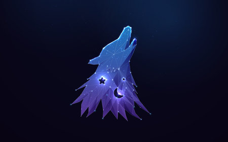 Wolf head with crescent moon and stars. Logo design element. Low polygonal and wireframe from dots and lines. Vector illustrationのイラスト素材