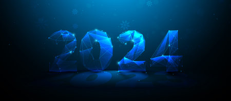 Happy New Year 2024. Polygonal wireframe mesh lines and triangles, point connecting network on blue...