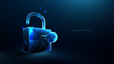 Padlock and Key. Cyber security. Polygonal wireframe mesh lines and triangles, point connecting network on blue background. Illustration vectorのイラスト素材