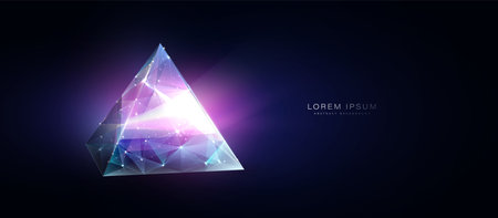 Prism with Light rays. Crystal, Diamond. Rainbow colors. Low poly wireframe, lines, and triangles, point connecting network. Illustration vectorのイラスト素材
